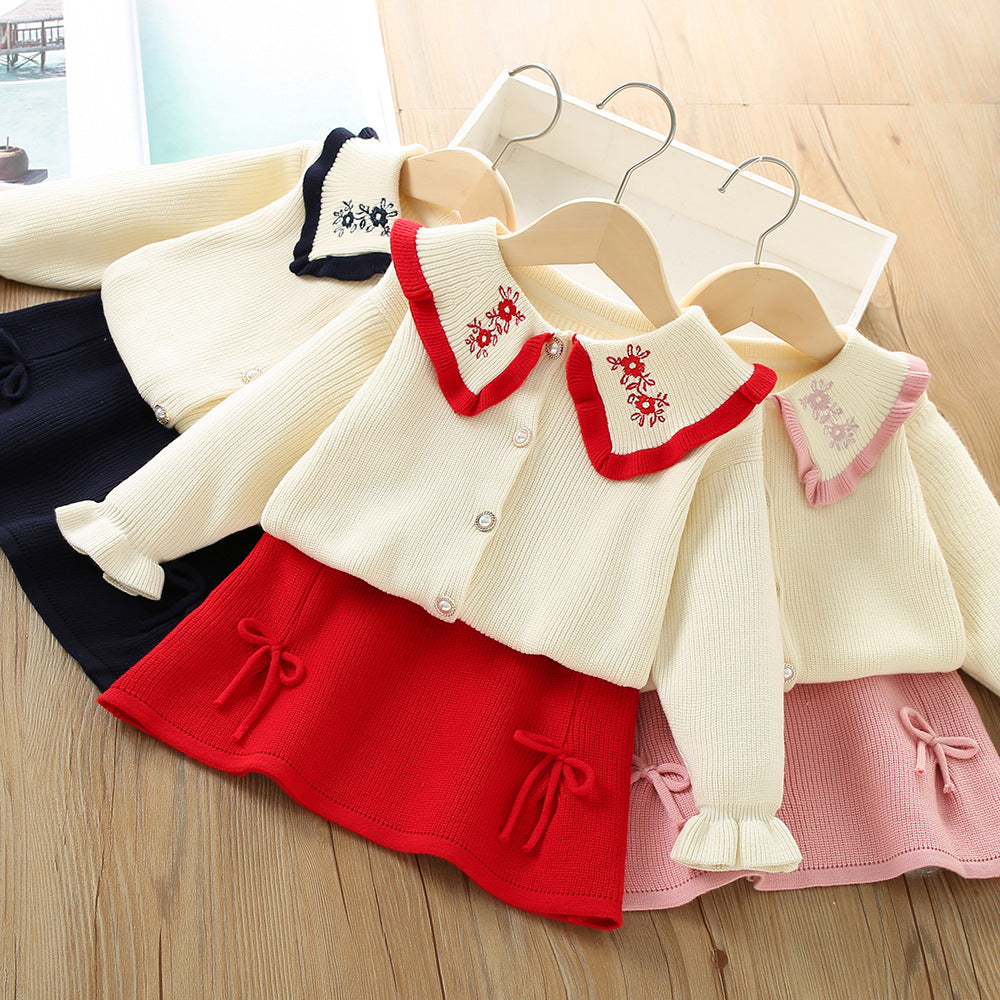 2 Pieces Set Baby Kid Girls Embroidered Cardigan And Solid Color Bow Skirts Wholesale 230105470