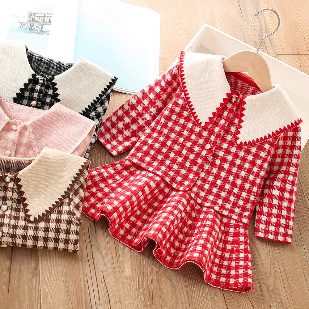 2 Pieces Set Baby Kid Girls Checked Cardigan And Dresses Wholesale 230105473