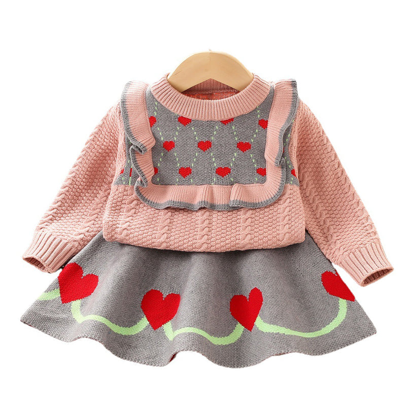 2 Pieces Set Baby Kid Girls Love heart Crochet Sweaters And Skirts Wholesale 230105479