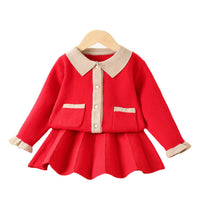 Load image into Gallery viewer, 2 Pieces Set Baby Kid Girls Solid Color Crochet Cardigan And Skirts Wholesale 230105484
