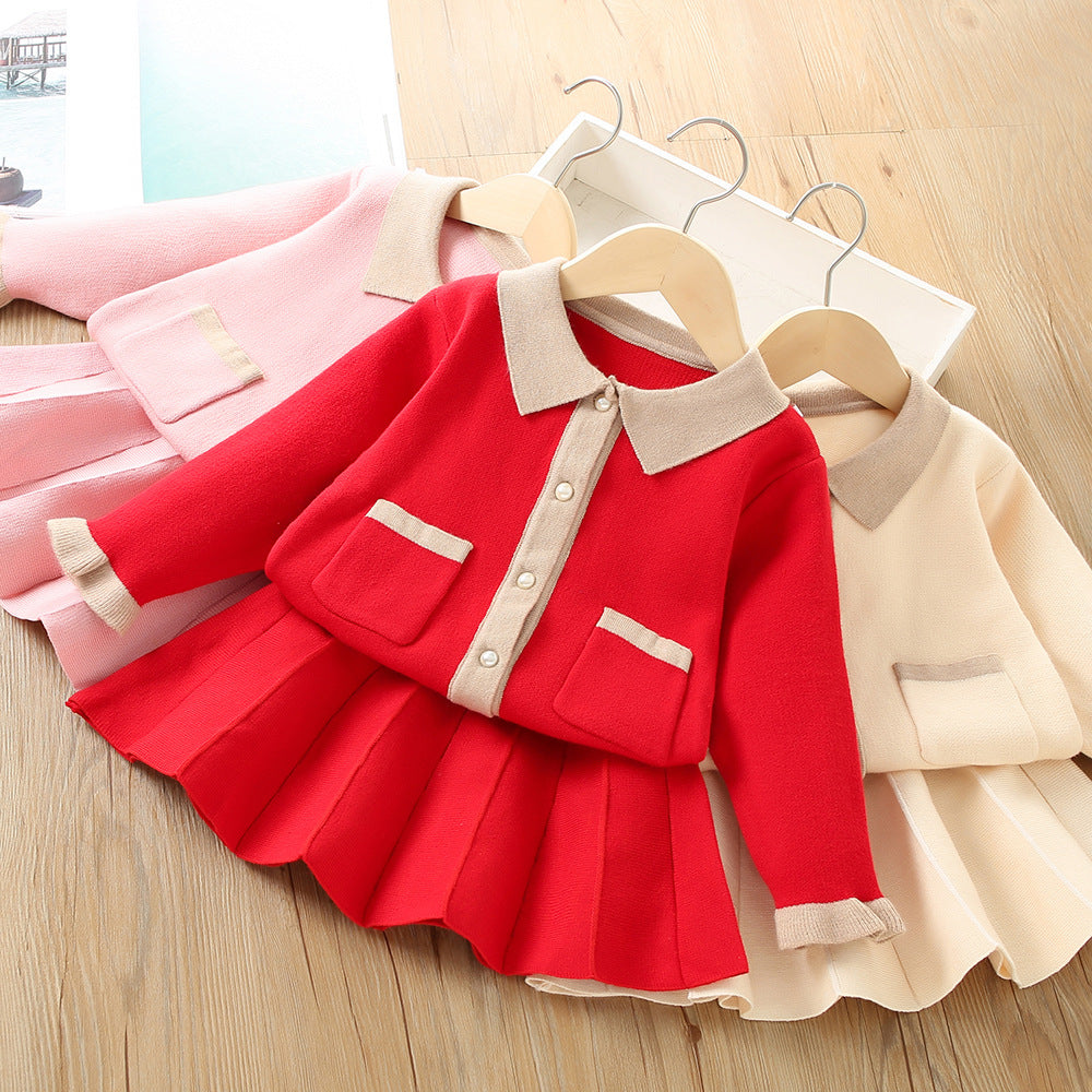 2 Pieces Set Baby Kid Girls Solid Color Crochet Cardigan And Skirts Wholesale 230105484