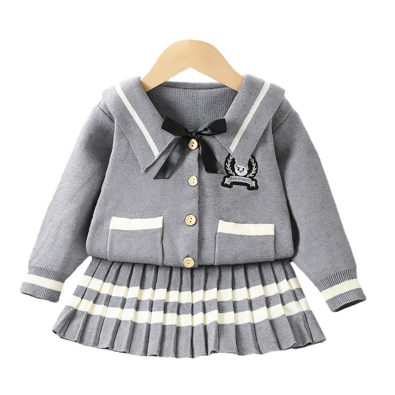 2 Pieces Set Baby Kid Girls Embroidered Cardigan And Striped Skirts Wholesale 230105485