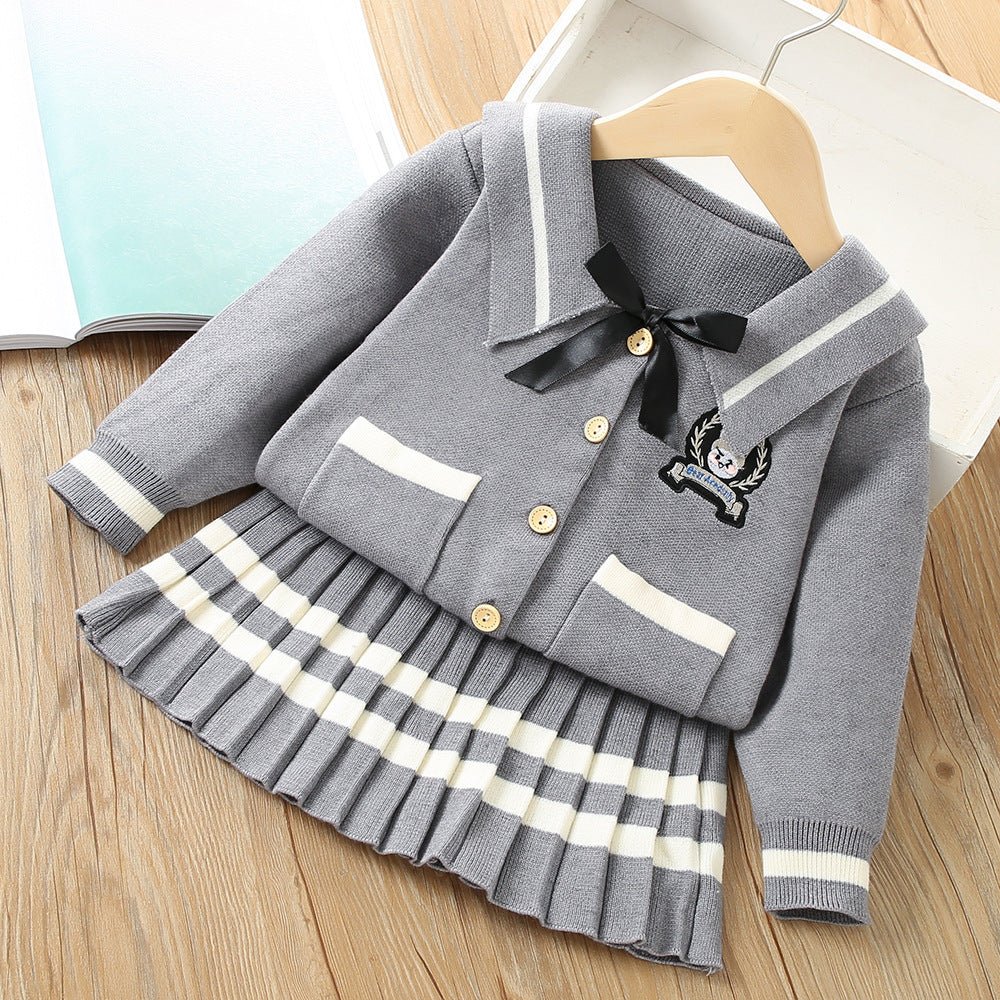 2 Pieces Set Baby Kid Girls Embroidered Cardigan And Striped Skirts Wholesale 230105485