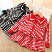 Load image into Gallery viewer, 2 Pieces Set Baby Kid Girls Checked Crochet Cardigan And Skirts Wholesale 230105492

