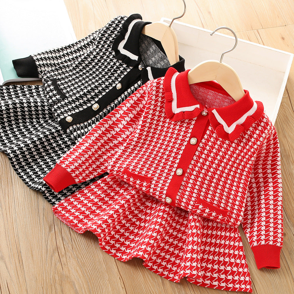 2 Pieces Set Baby Kid Girls Checked Crochet Cardigan And Skirts Wholesale 230105492