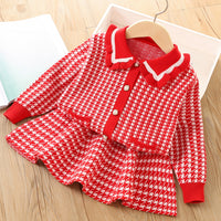 Load image into Gallery viewer, 2 Pieces Set Baby Kid Girls Checked Crochet Cardigan And Skirts Wholesale 230105492
