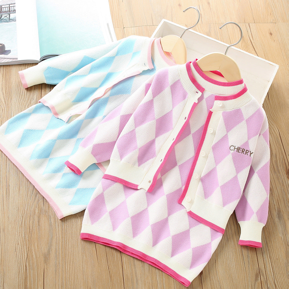 2 Pieces Set Baby Kid Girls Letters Cartoon Embroidered Cardigan And Checked Dresses Wholesale 230105494