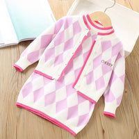 Load image into Gallery viewer, 2 Pieces Set Baby Kid Girls Letters Cartoon Embroidered Cardigan And Checked Dresses Wholesale 230105494
