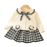 Load image into Gallery viewer, 2 Pieces Set Baby Kid Girls Bow Crochet Cardigan And Checked Skirts Wholesale 230105495
