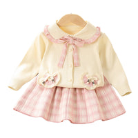 Load image into Gallery viewer, 2 Pieces Set Baby Kid Girls Bow Crochet Cardigan And Checked Skirts Wholesale 230105495
