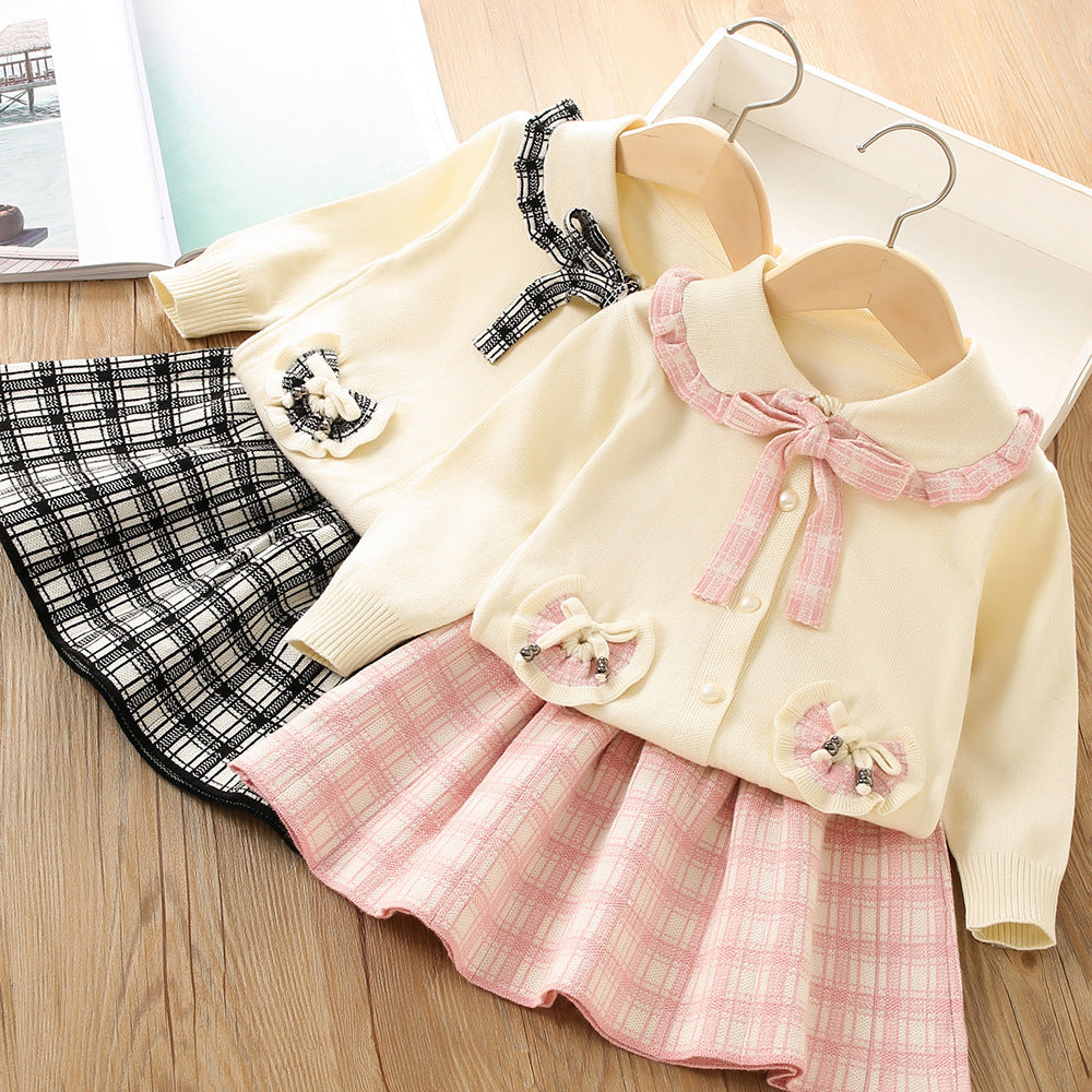 2 Pieces Set Baby Kid Girls Bow Crochet Cardigan And Checked Skirts Wholesale 230105495