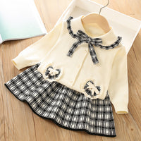 Load image into Gallery viewer, 2 Pieces Set Baby Kid Girls Bow Crochet Cardigan And Checked Skirts Wholesale 230105495

