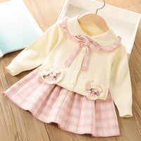 Load image into Gallery viewer, 2 Pieces Set Baby Kid Girls Bow Crochet Cardigan And Checked Skirts Wholesale 230105495
