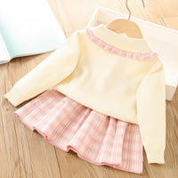 Load image into Gallery viewer, 2 Pieces Set Baby Kid Girls Bow Crochet Cardigan And Checked Skirts Wholesale 230105495
