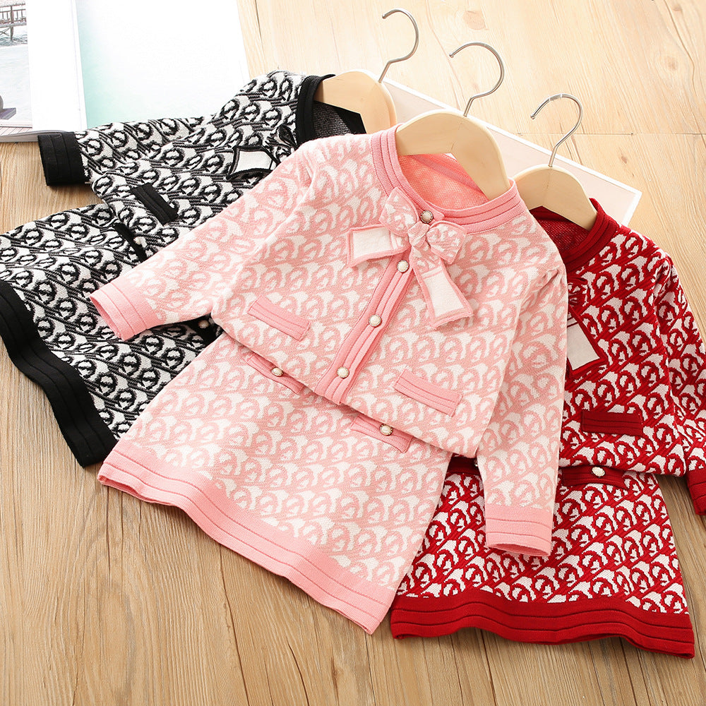 2 Pieces Set Baby Kid Girls Bow Crochet Cardigan And Skirts Wholesale 230105496