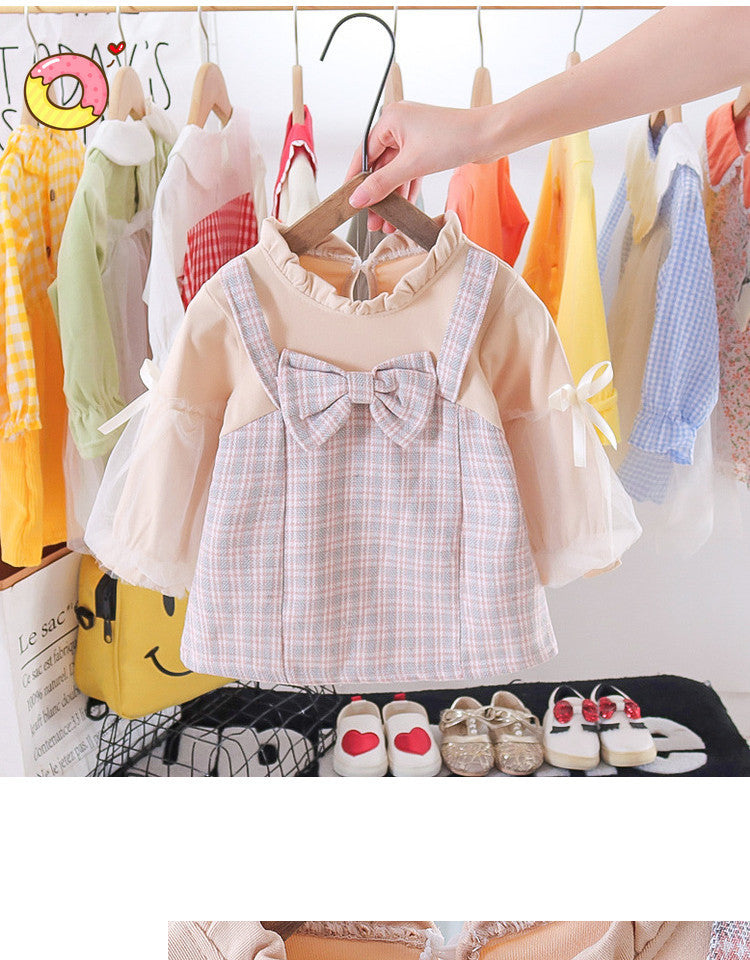 Baby Kid Girls Color-blocking Checked Bow Dresses Wholesale 23010550