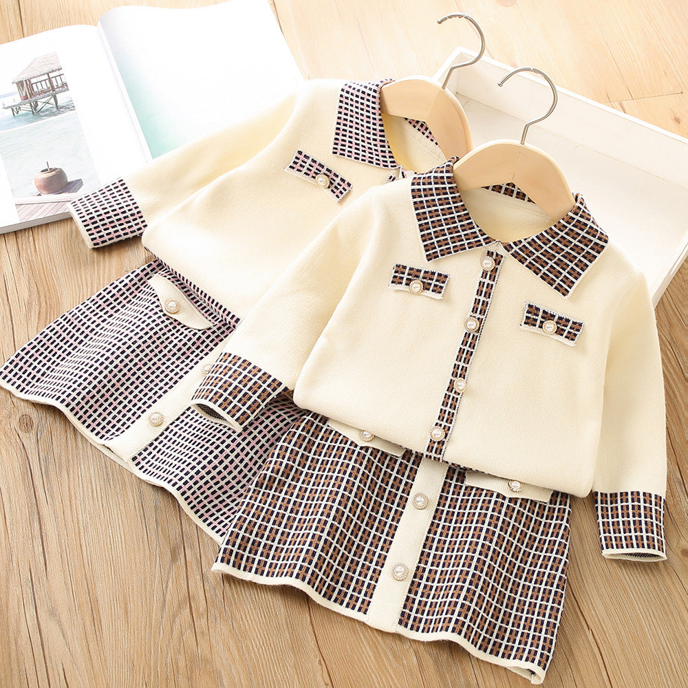 2 Pieces Set Baby Kid Girls Color-blocking Checked Crochet Cardigan And Skirts Wholesale 230105516