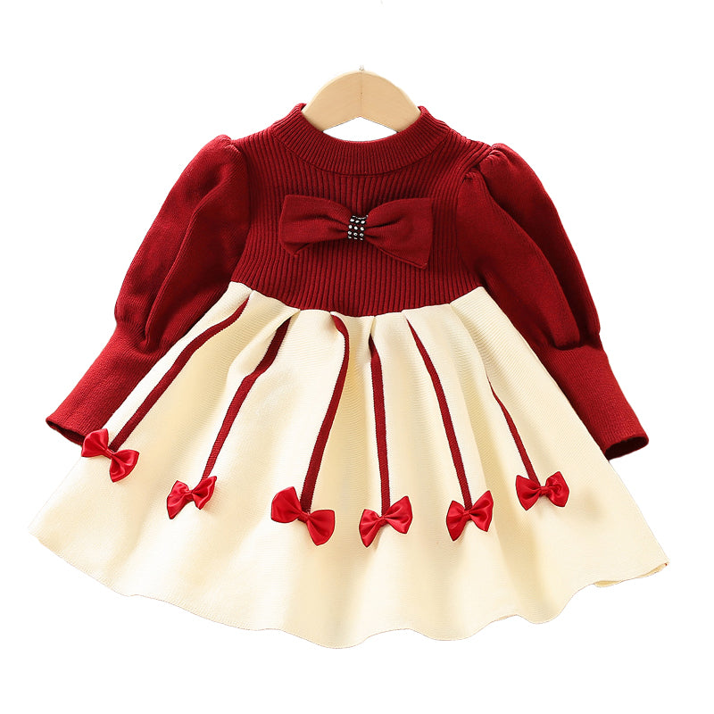 Baby Kid Girls Color-blocking Bow Crochet Dresses Wholesale 230105526