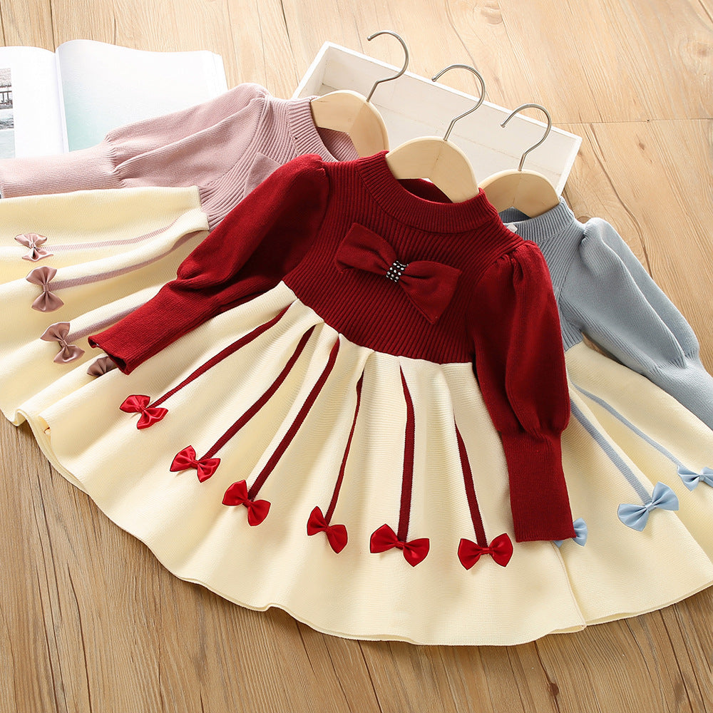 Baby Kid Girls Color-blocking Bow Crochet Dresses Wholesale 230105526