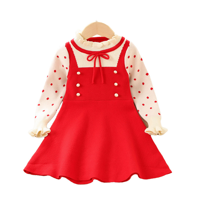 Baby Kid Girls Color-blocking Polka dots Bow Crochet Dresses Wholesale 230105527