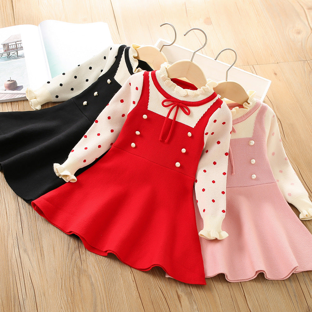 Baby Kid Girls Color-blocking Polka dots Bow Crochet Dresses Wholesale 230105527