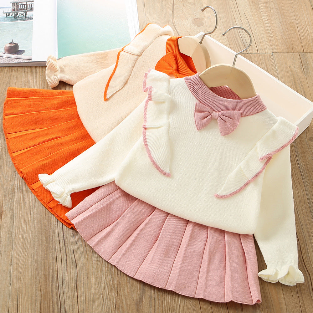 2 Pieces Set Baby Kid Girls Color-blocking Bow Sweaters And Solid Color Skirts Wholesale 230105529