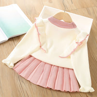 Load image into Gallery viewer, 2 Pieces Set Baby Kid Girls Color-blocking Bow Sweaters And Solid Color Skirts Wholesale 230105529
