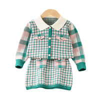 Load image into Gallery viewer, 2 Pieces Set Baby Kid Girls Color-blocking Checked Crochet Cardigan And Skirts Wholesale 230105536
