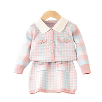 Load image into Gallery viewer, 2 Pieces Set Baby Kid Girls Color-blocking Checked Crochet Cardigan And Skirts Wholesale 230105536

