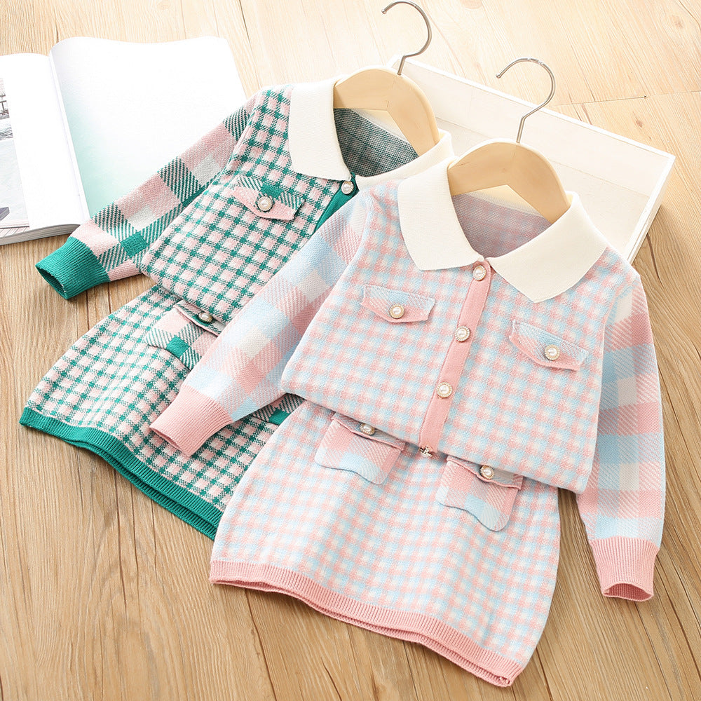 2 Pieces Set Baby Kid Girls Color-blocking Checked Crochet Cardigan And Skirts Wholesale 230105536