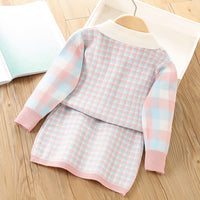 Load image into Gallery viewer, 2 Pieces Set Baby Kid Girls Color-blocking Checked Crochet Cardigan And Skirts Wholesale 230105536
