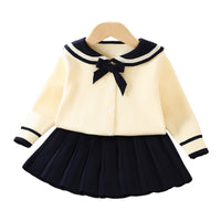 Load image into Gallery viewer, 2 Pieces Set Baby Kid Girls Color-blocking Bow Crochet Cardigan And Solid Color Skirts Wholesale 230105539
