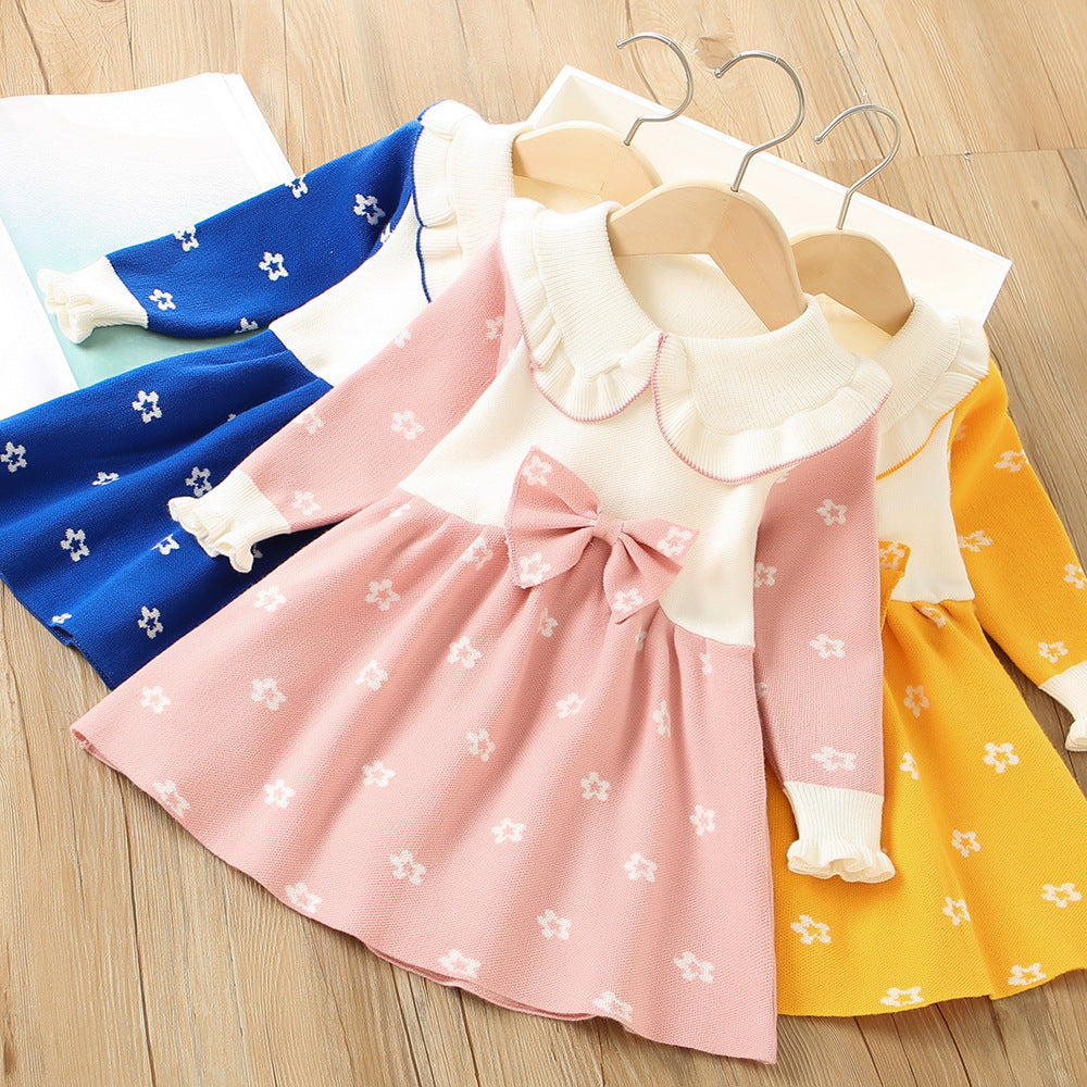 Baby Kid Girls Color-blocking Flower Bow Crochet Dresses Wholesale 230105546