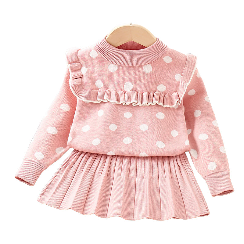 2 Pieces Set Baby Kid Girls Polka dots Sweaters And Solid Color Skirts Wholesale 230105569