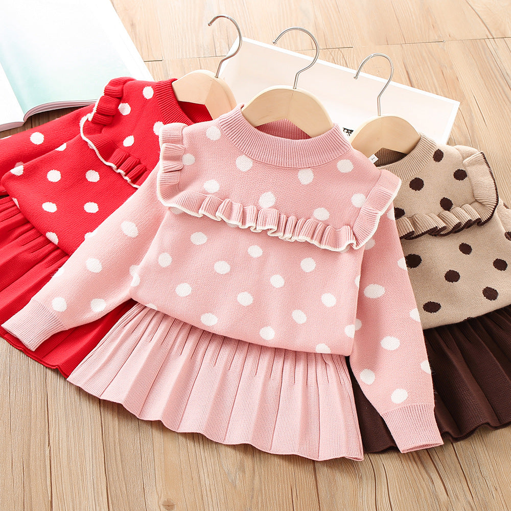 2 Pieces Set Baby Kid Girls Polka dots Sweaters And Solid Color Skirts Wholesale 230105569