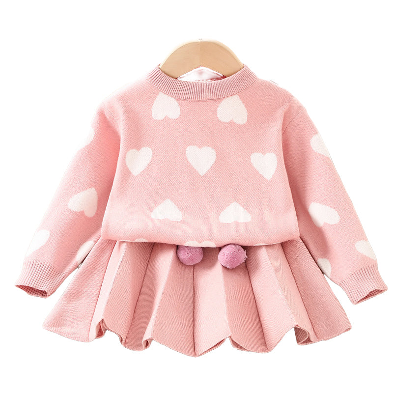 2 Pieces Set Baby Kid Girls Valentine's Day Love heart Crochet Sweaters And Solid Color Skirts Wholesale 230105582