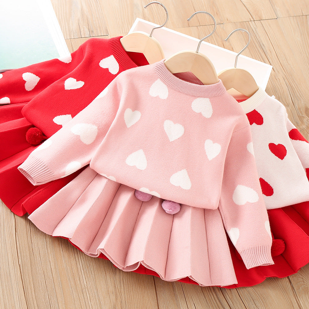 2 Pieces Set Baby Kid Girls Valentine's Day Love heart Crochet Sweaters And Solid Color Skirts Wholesale 230105582