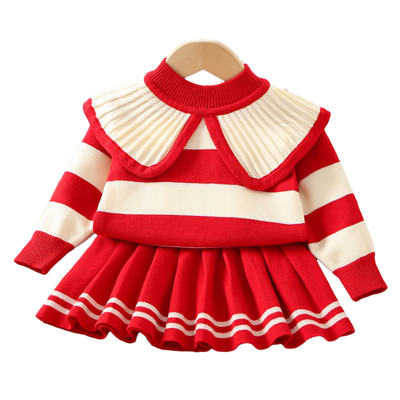 2 Pieces Set Baby Kid Girls Color-blocking Crochet Sweaters And Striped Skirts Wholesale 230105585