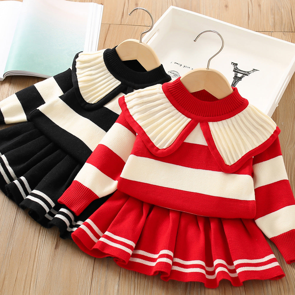 2 Pieces Set Baby Kid Girls Color-blocking Crochet Sweaters And Striped Skirts Wholesale 230105585