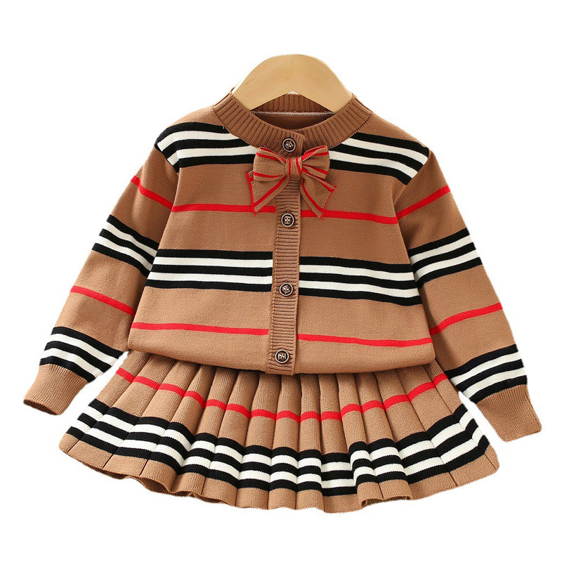 2 Pieces Set Baby Kid Girls Striped Bow Cardigan And Skirts Wholesale 230105612