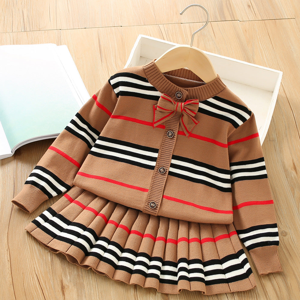 2 Pieces Set Baby Kid Girls Striped Bow Cardigan And Skirts Wholesale 230105612