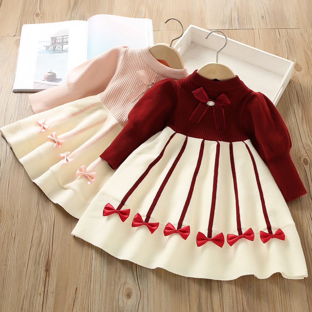 Baby Kid Girls Color-blocking Bow Crochet Dresses Wholesale 230105648