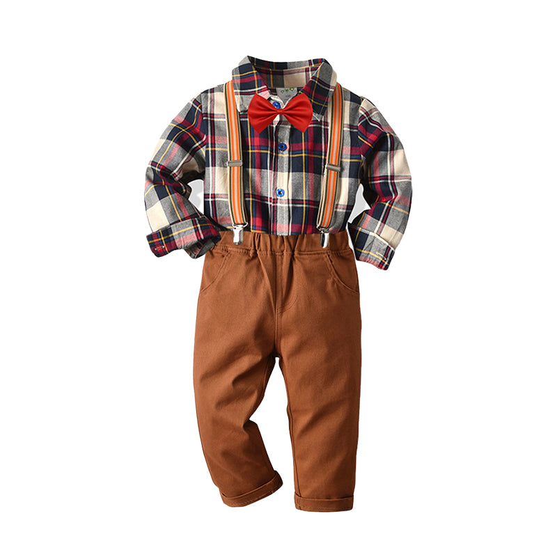 2 Pieces Set Baby Kid Boys Birthday Party Checked Bow Shirts And Solid Color Jumpsuits Wholesale 230105654