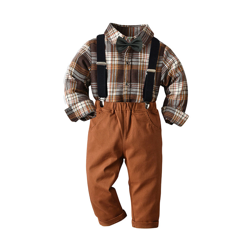 2 Pieces Set Baby Kid Boys Birthday Party Checked Bow Shirts And Solid Color Jumpsuits Wholesale 230105655