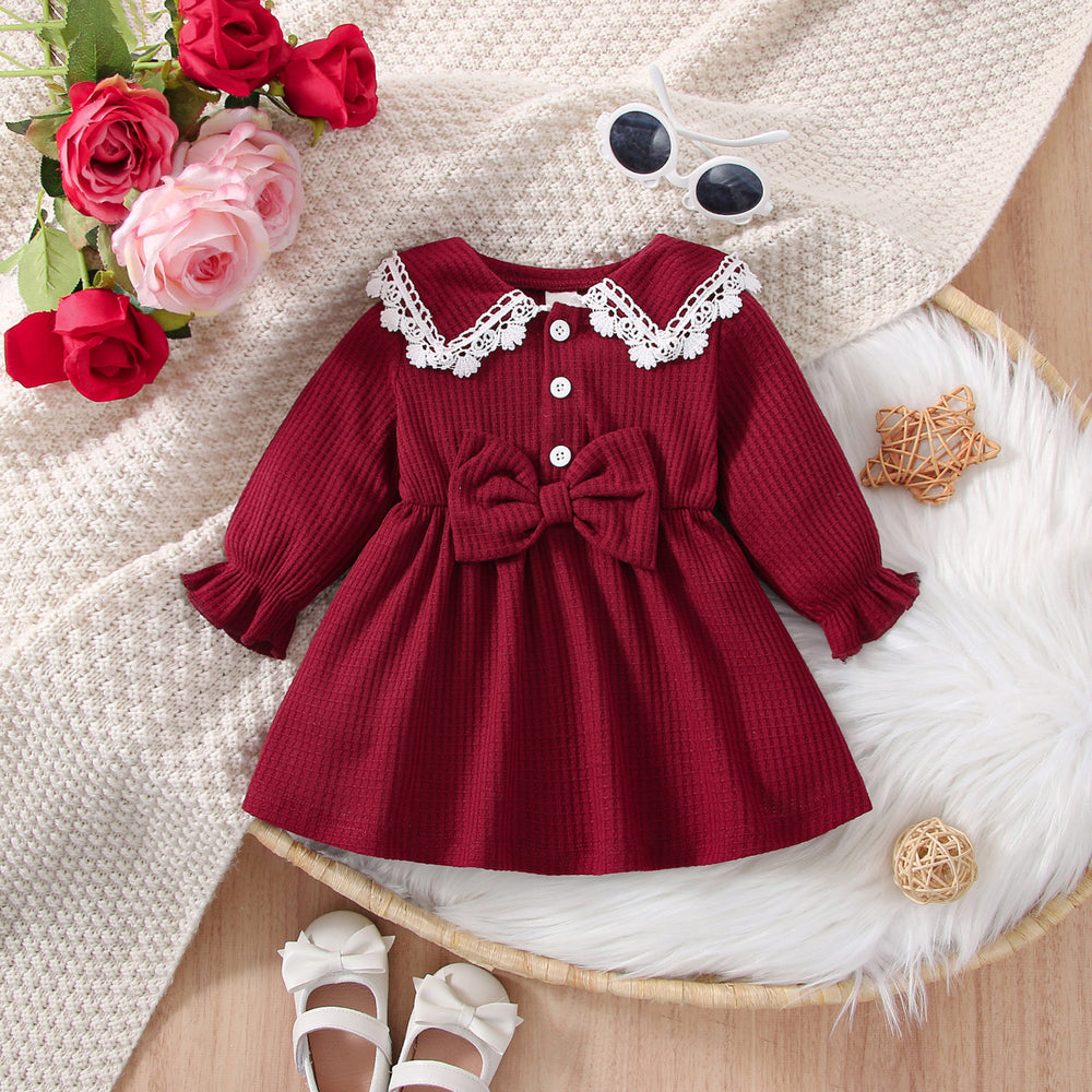 Baby Girls Solid Color Bow Embroidered Dresses Wholesale 230105678