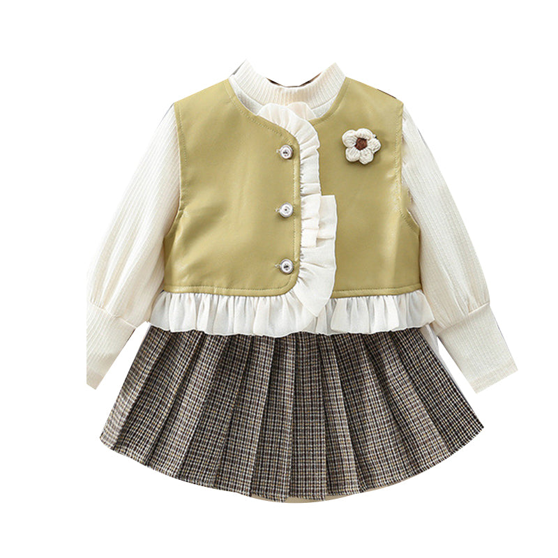 3 Pieces Set Baby Kid Girls Solid Color Tops Flower Vests Waistcoats And Checked Skirts Wholesale 230105698