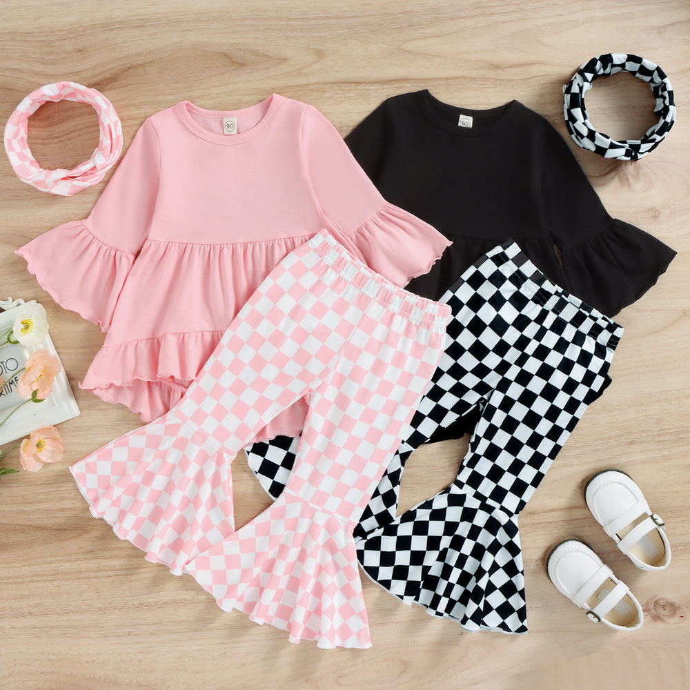3 Pieces Set Baby Kid Girls Solid Color Tops Checked Pants And Headwear Wholesale 230105701