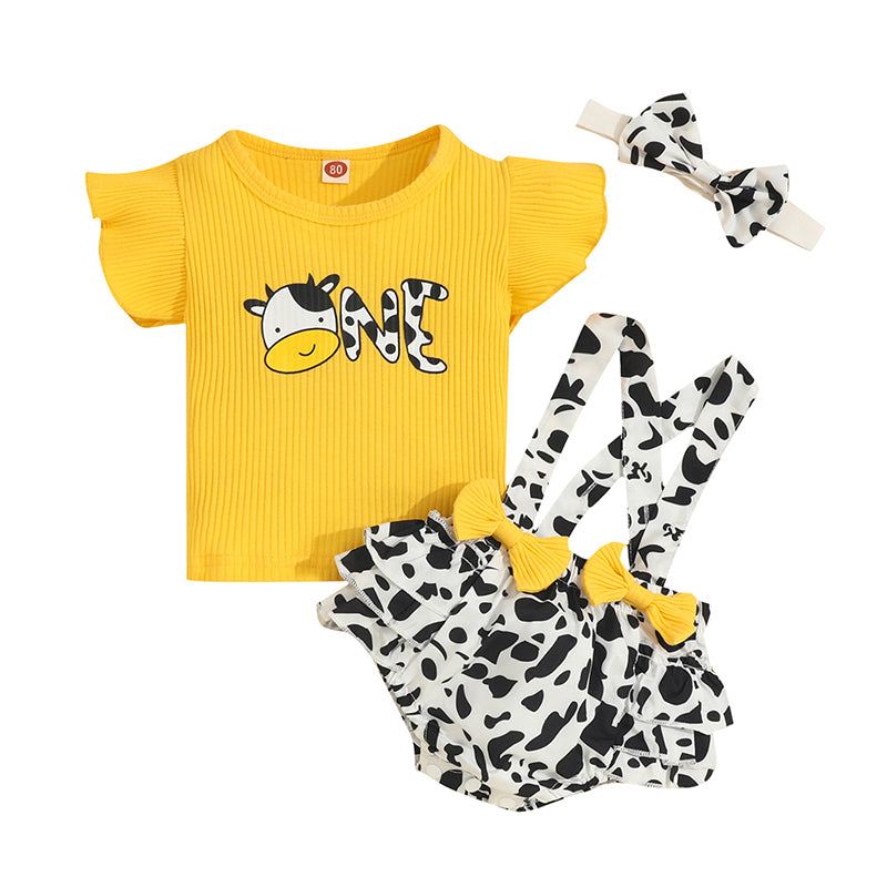 2 Pieces Set Baby Kid Girls Letters Cartoon Print T-Shirts And Cow Rompers Wholesale 230105703