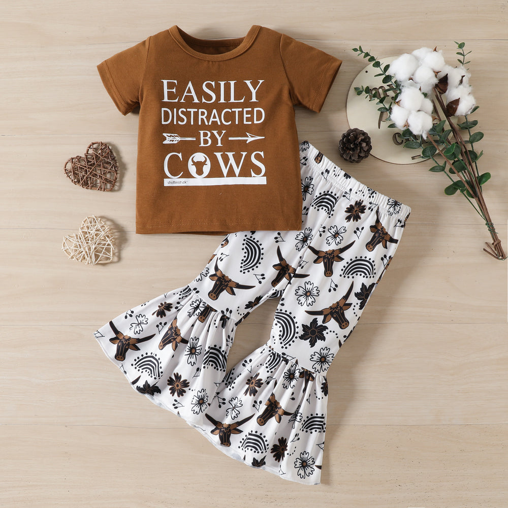 2 Pieces Set Baby Kid Girls Letters Flower Print T-Shirts And Cow Animals Cartoon Pants Wholesale 230105729