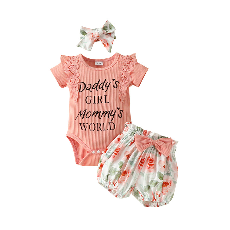 3 Pieces Set Baby Girls Letters Rompers Flower Print Shorts And Bow Headwear Wholesale 230105741